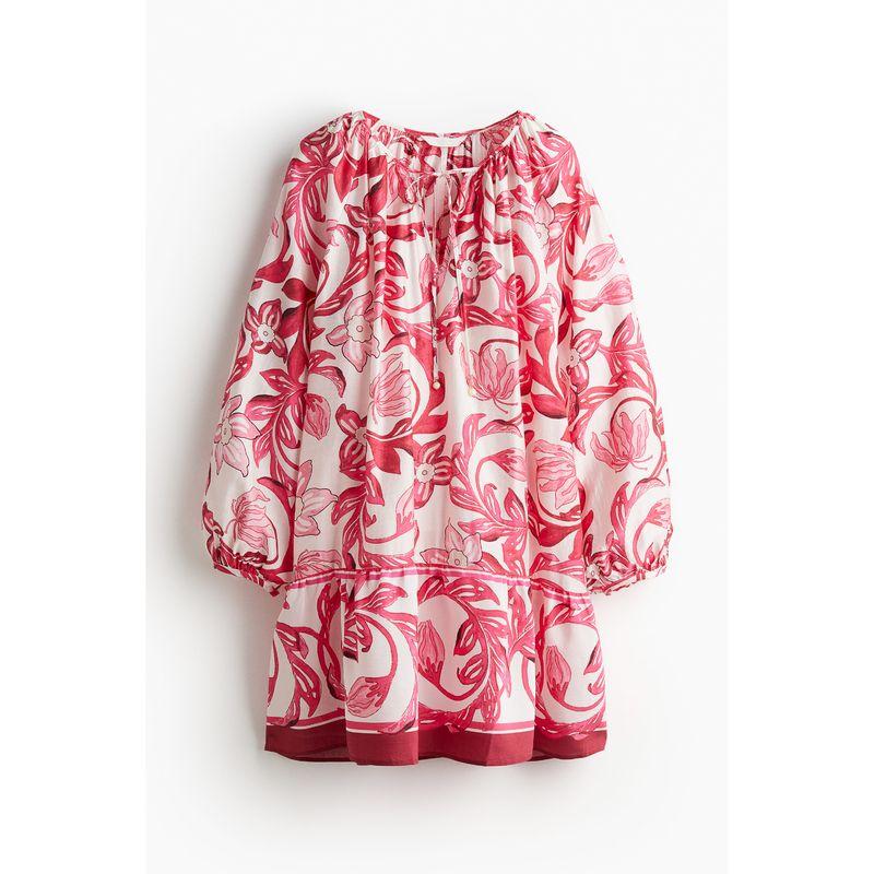 

HM Women s Clothing Florals Dress Autumn French Loose round Neck Print Lantern Long Sleeve Lace-up Skirt 1217790