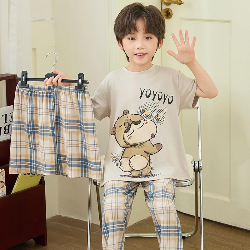 Boys Cotton Short Sleeve 3-Piece Pajama Set Sleepwear Kids Teens Cartoon Print Lightweight Home Wear