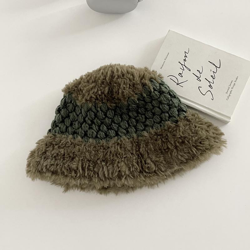 

Korean Version of Niche Handmade Crochet Thick Thread Splicing Plush Fisherman Hat Thickened In FallSeason and ColdSeason Warm Knitted Pot Hat Trend M（56-58cm）