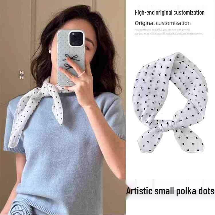 2025 New Summer French Artistic White Polka Dot Scarf - Elegant High-Class Cotton Linen Silk Square Scarf for Women