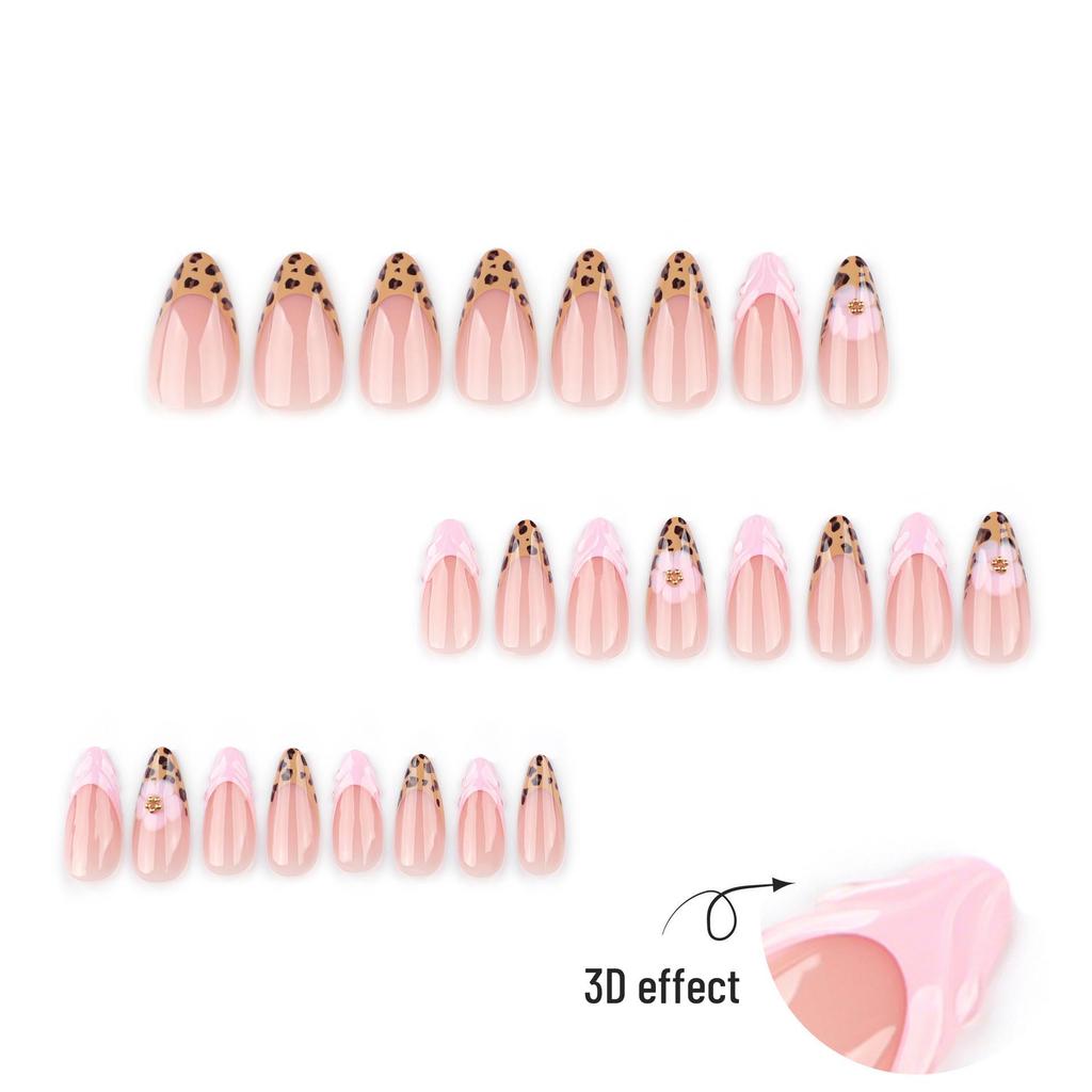 Hot Selling French Leopard Print 3D Almond Shape Press-On Nails - Super Flash Nail Art