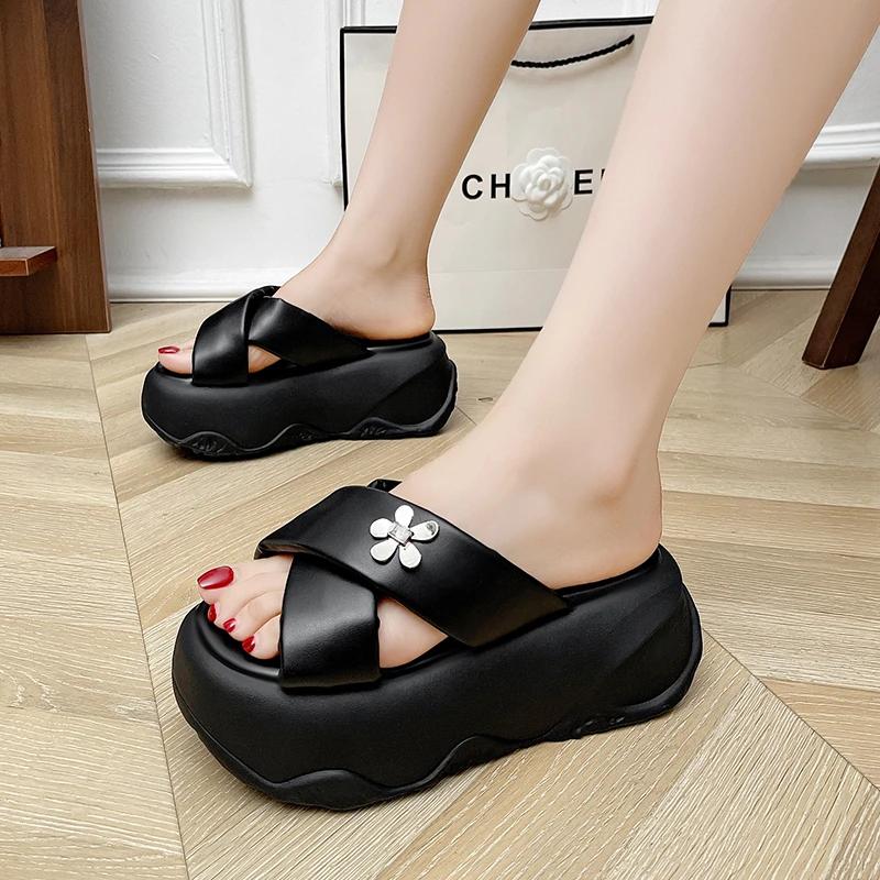 Fashion 8CM Women Summer Crystal Chunky Slippers High Heels Flip Flops Thick-Bottom Bling Sandals Wedges Platform Beach Slides Zapatos