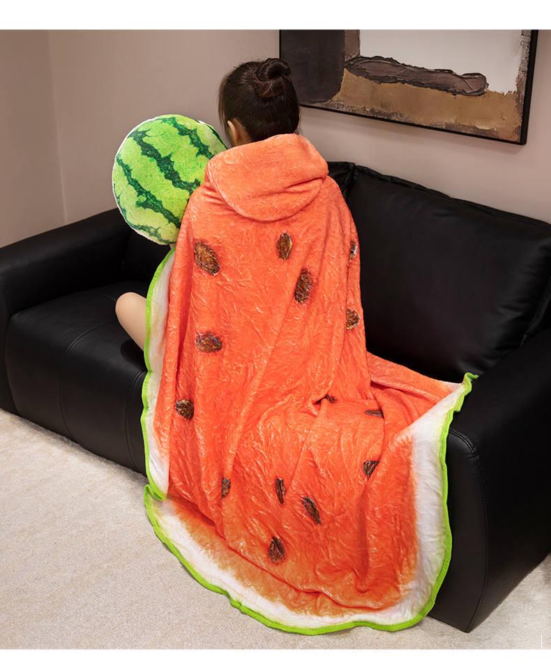 Cartoon Cabbage Watermelon Duck Egg 2-in-1 Flannel Hug Pillow & Nap Blanket