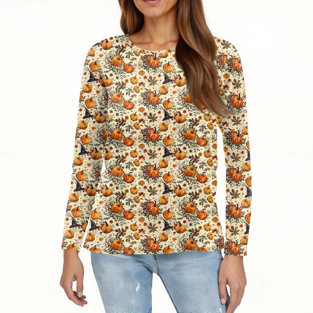 Women's Fashion Hem Slit Casual Halloween Printed Round Neck Long Sleeve Top