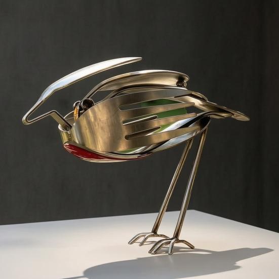 Handgefertigte Metallvogel-Skulptur, Statue aus recyceltem Besteck, Rustikalisches Gabel-Löffel-Vogel-Figürchen für Garten, Terrasse, Bürotisch