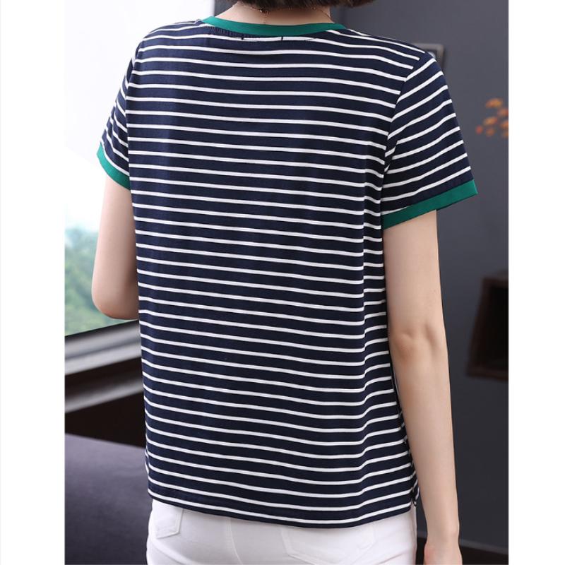 Modal Striped Short-sleeved Women's T-shirt Loose Summer Half-sleeved Blouse Middle-aged Letter Embroidery Thin Short-sleeved