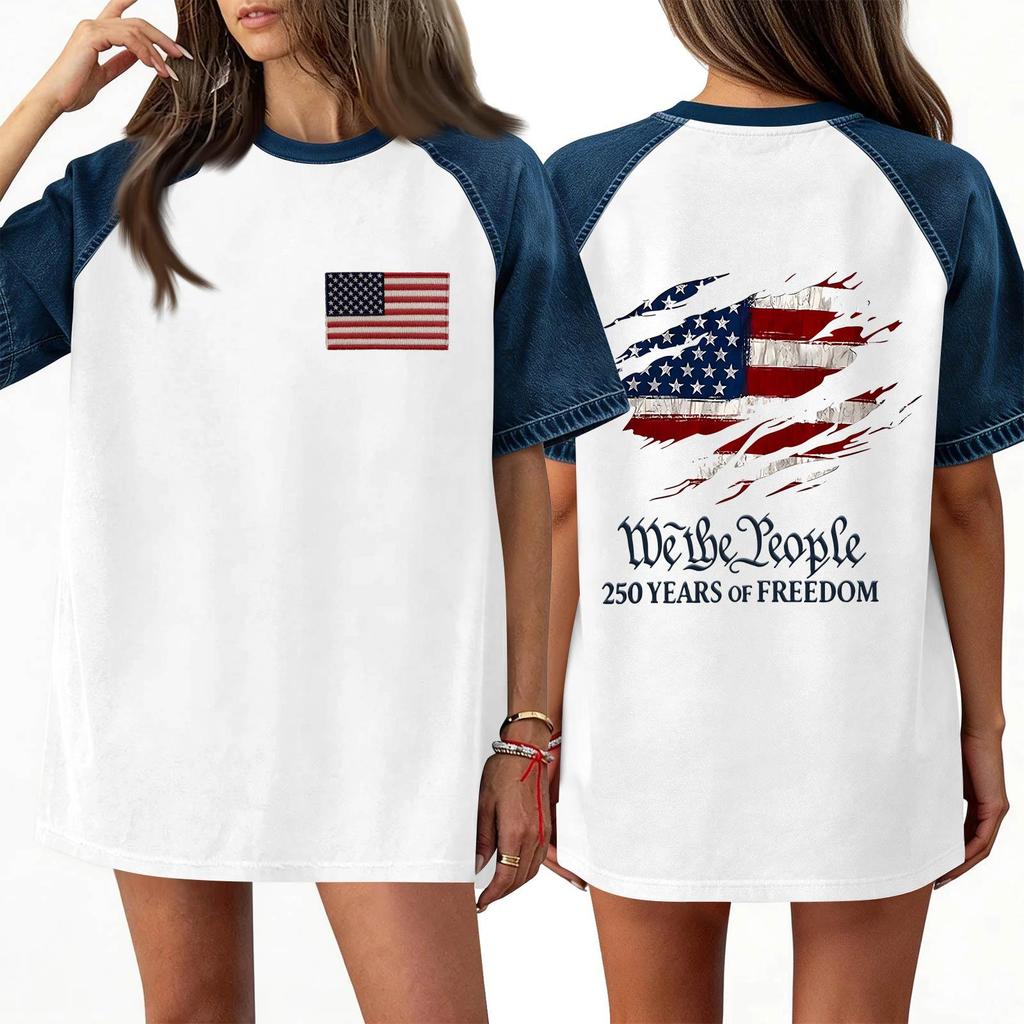 Denim Patchwork Shirts For Women Stand Collar Casual Blouse Short Sleeve Comfy Tshirt Spring Summer Fashion