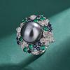 Platinum Grey Pearl Ring Tahiti Deep Sea Emerald Zircon Flower Necklace Earnail Set Jewelry Women