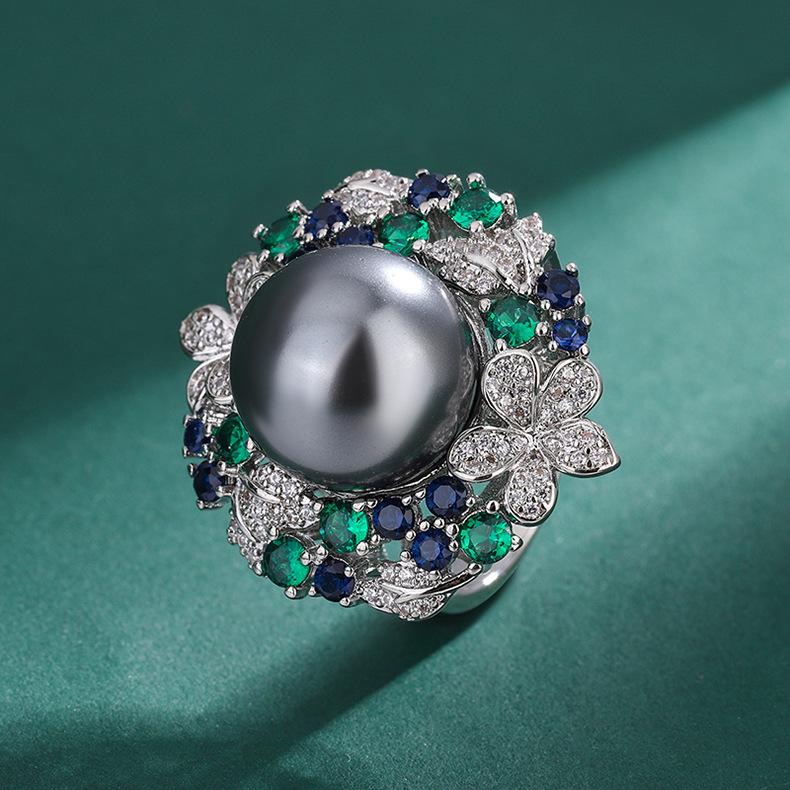 Platinum Grey Pearl Ring Tahiti Deep Sea Emerald Zircon Flower Necklace Earnail Set Jewelry Women