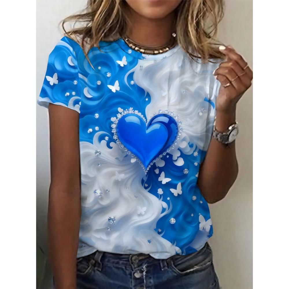 Large Size Women'S Digital Printed Short Sleeved T-shirt Crew Neck Slight Stretch Fabric, Regular Sleeve, All Seasons