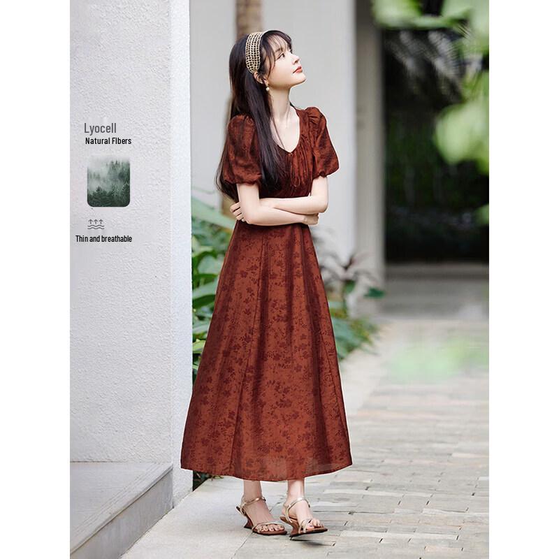 Elegant Jacquard Bubble Sleeve A-line Midi Dress L