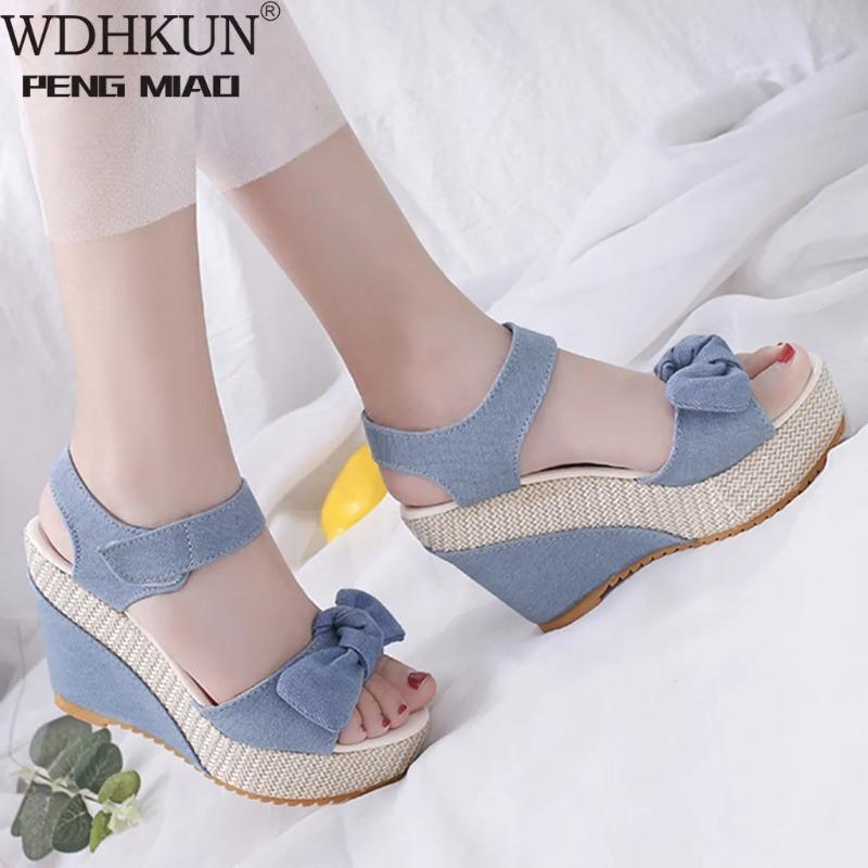 2024 Neue Designer Denim Sandalen Damen Sandalen Hohe Qualität Keile Hohe Absätze Peeptoe Plateauschuhe Frau Dicke Sohle Sandalen