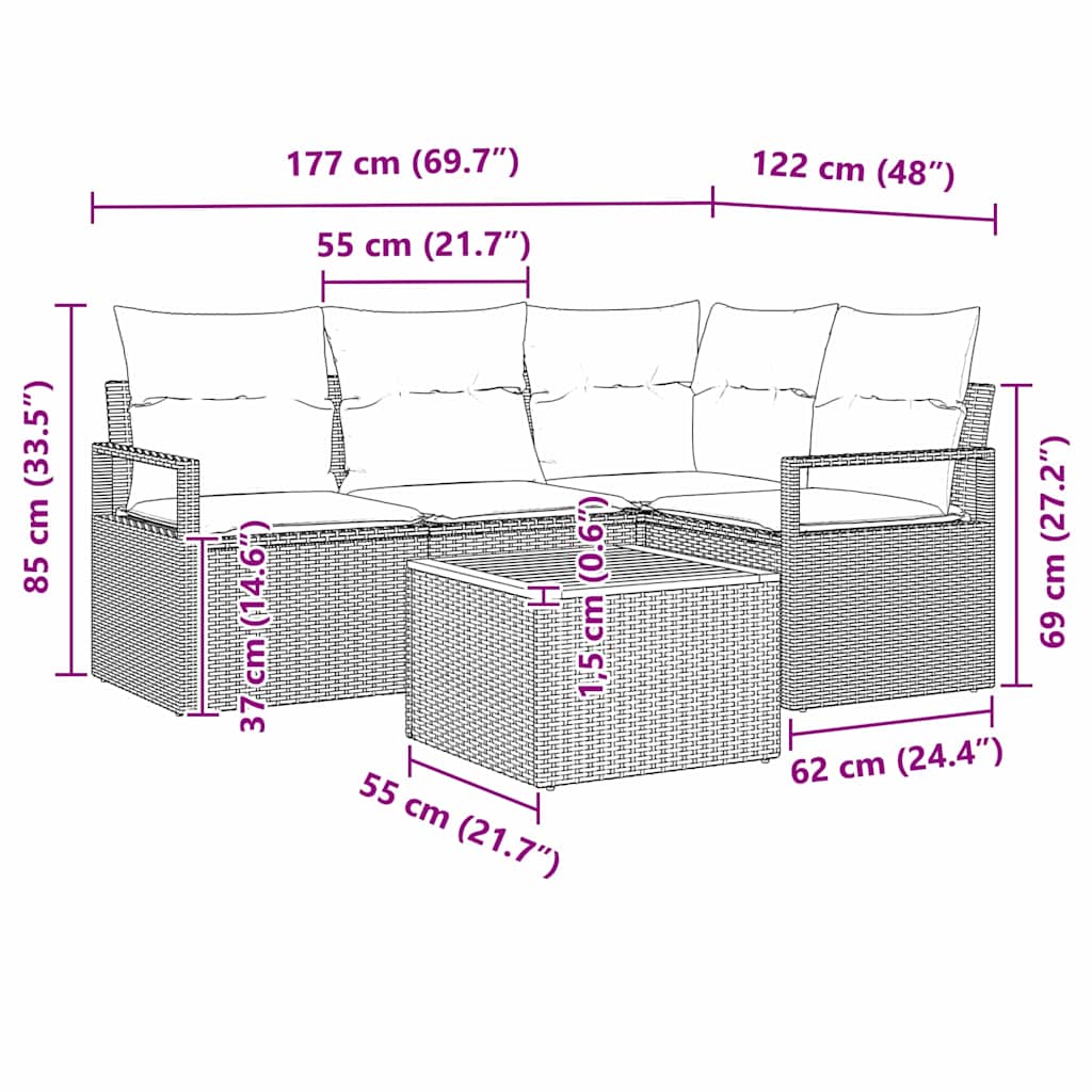 5 Piece Garden Sofa Set with Cushions Black Poly Rattan