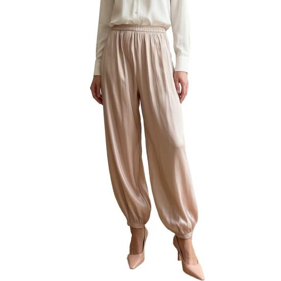 Women Satin Bloomers, High Waist Wide Leg Trousers, Pure Color Loose Fit Flowing Pants for Office Date Night Casual Daywear