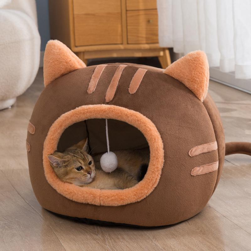 Super Cat Bed Warm Pet House Kitten Deep Sleep Comfort Cats Cave Bed Kennel Kitten House Non-slip Foldable Plush Petsupplies кофейный