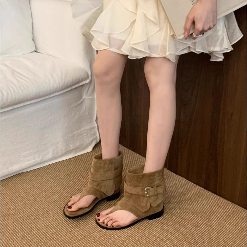 Soft leather herringbone toe sandals women's summer new soft flat-soled cool boots loose sleeve warehouse tube short boots