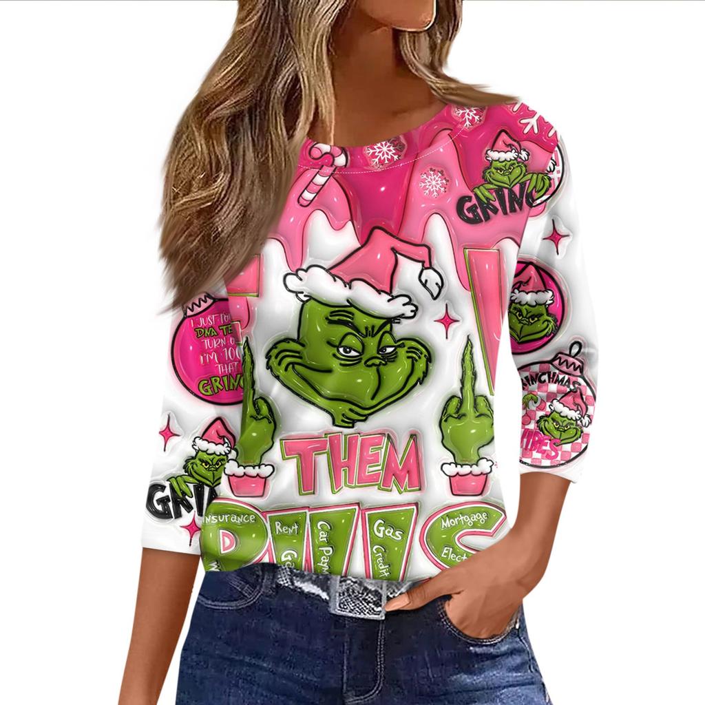 Women's Fashionable Casual Three Quarter Sleeve Christmas Printed Round Neck Top