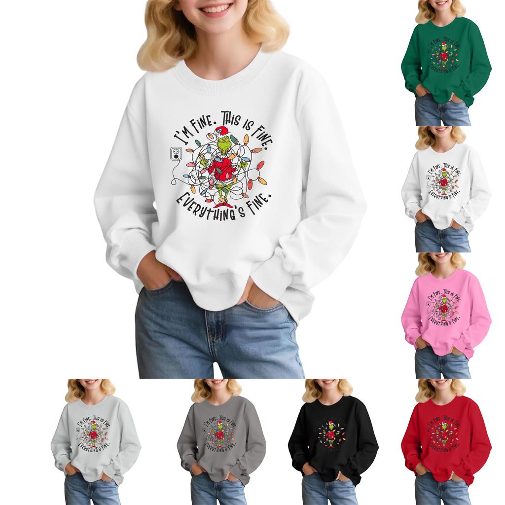 Kids' Fashion Loose-Fit Casual Long-Sleeve Christmas Print Oversized Crewneck Sweatshirt