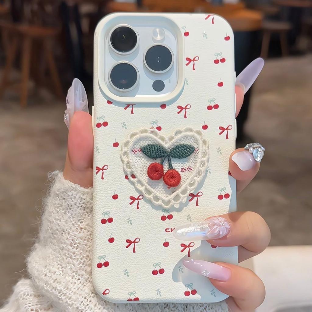 Ins Korean Style Embroidered Cherry Suitable for IPhone 15 Promax Apple 14 Phone Case 13 Leather Pattern 12 Women 16