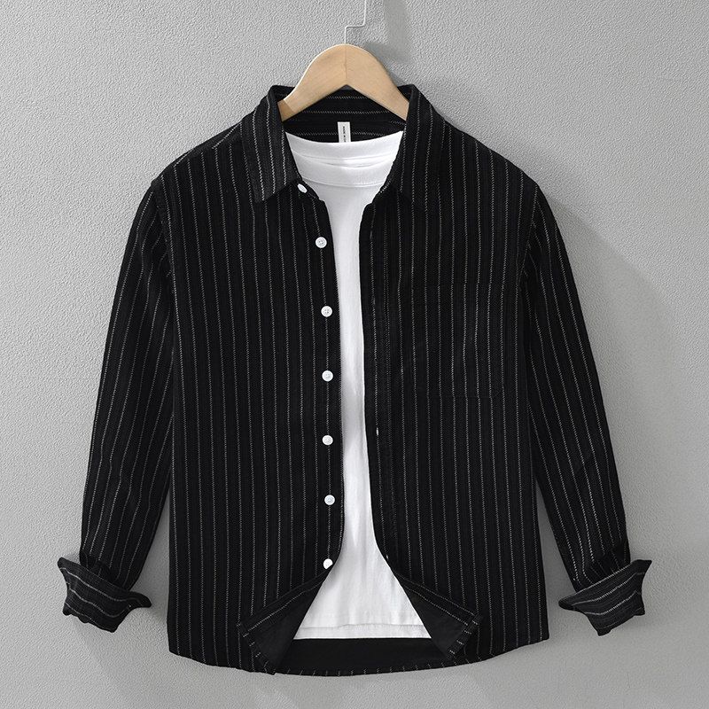 Spring and Autumn Japanese Retro Artistic Striped Printed Long-Sleeved Shirt Men's Corduroy Loose Casual Shirt New Style