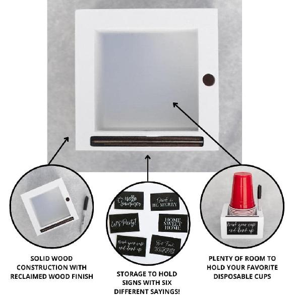 White Wood Mark Your Cup and Drink Up Cup Holder - Hosting Essentials Cup Dispenser with Interchangeable Signs- Coffee Cup Holder with Marker Slot-