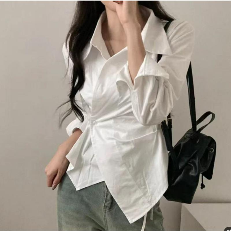 Neu Streifen Schmal Geschnitten Taille Unregelmäßig Hemd Mode Elegant Revers Lässig Büro Bluse Süß Koreanische Mode Langarm Oberteile Damen Einfache Kleidung