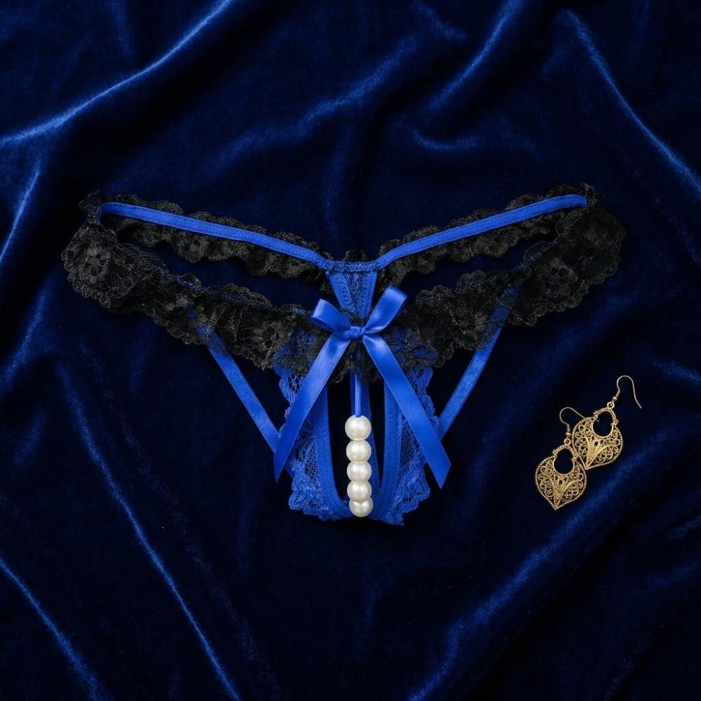 Open Crotch Lace Pearl Panties Low Waist See-through Thong Underwear for Women Ladies Girls