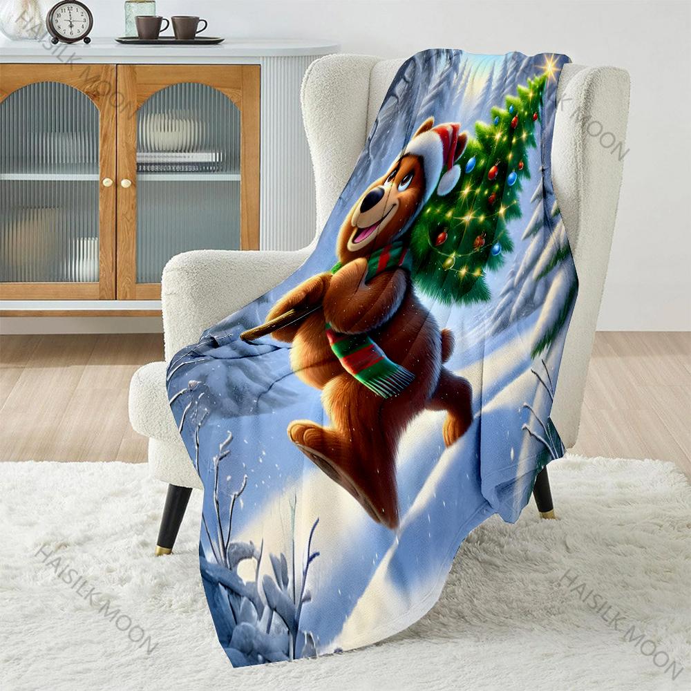 

Festive Bear and Christmas Tree Pattern Blanket Flannel Material Soft Warm for All Seasons, Home Outdoor Camping Picnics RV 75x90cm