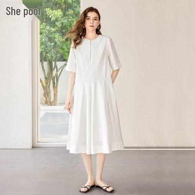 Damen Midi-Kleid mit halbem Reißverschluss, A-Linie, Lyocell-Mischung