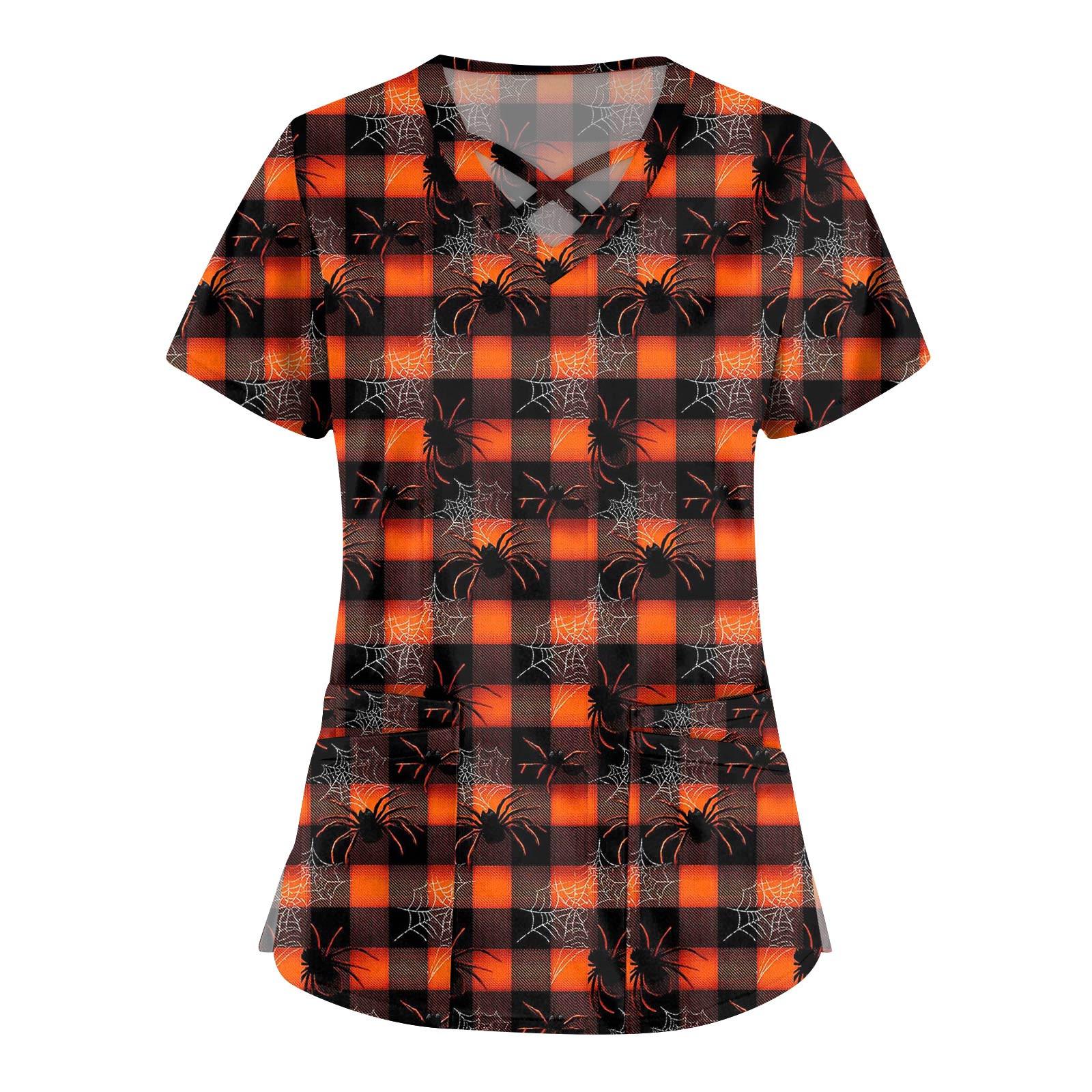 

Women s Fashion V-Neck Short Sleeve Overalls Double Pocket Halloween Printed Tops Apparel XXL шафрановий