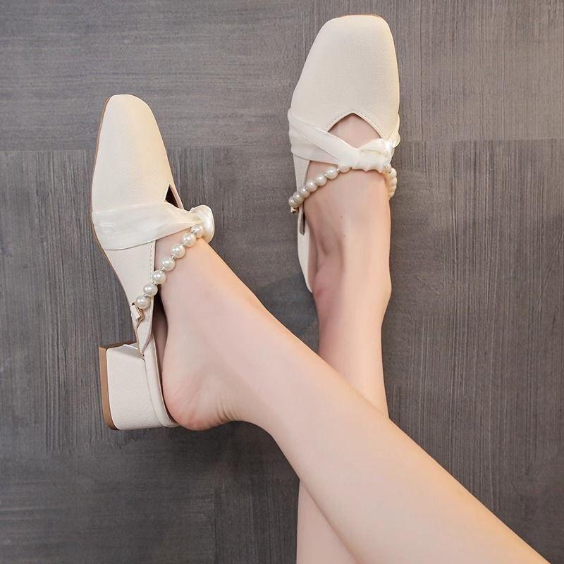 Pearl Bag Head Half Slippers Women's Spring and Summer New High Heels Thick Heel Medium Heel Lazy Outer Wear