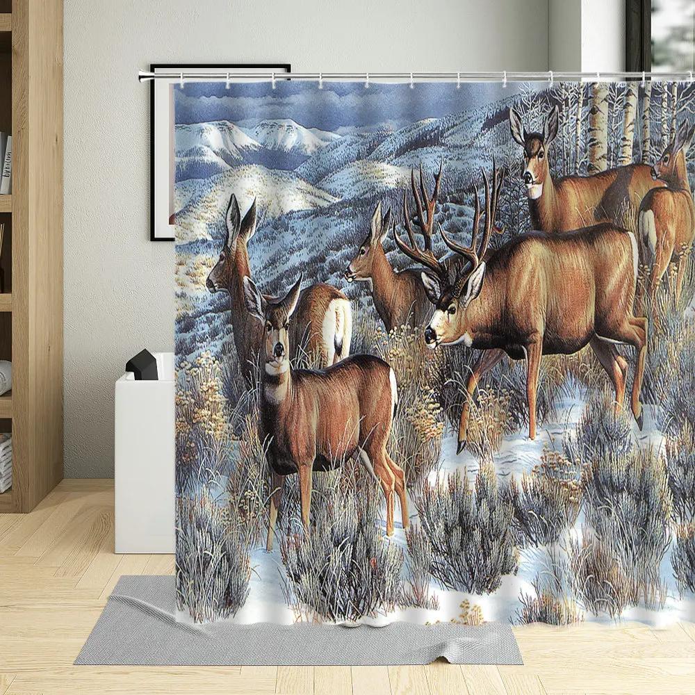Dämmerung Herbst Grasland Elch Duschvorhang Hirsche Tier Muster Badezimmer Dekor Badezimmer Vorhänge Wasserdichtes Gewebe Mit Haken Polyester