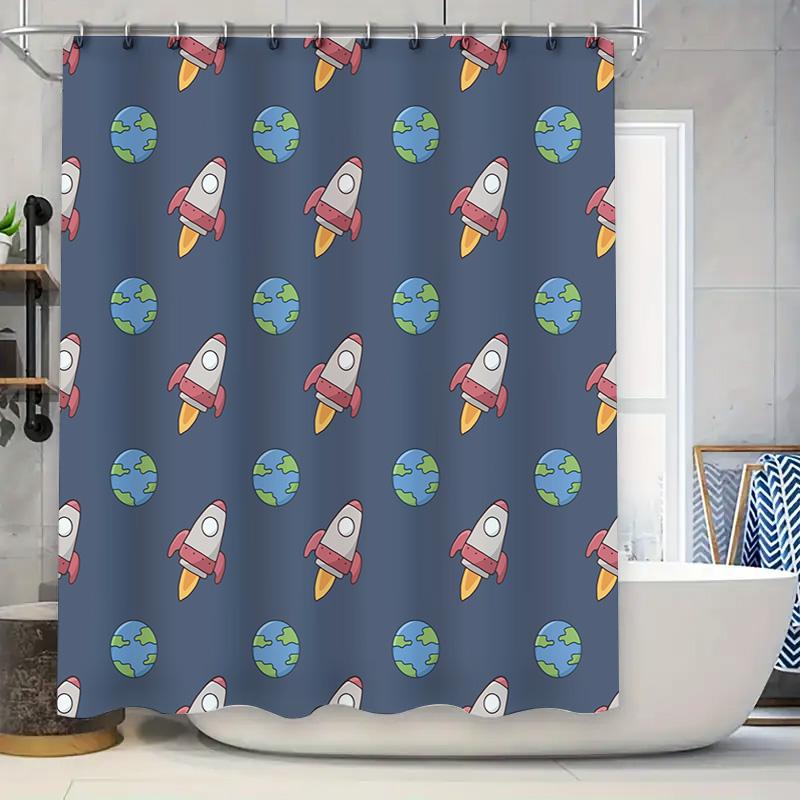 

Space Explorer Shower Curtain Rockets Planets Pattern for Bathroom Decor Blue Waterproof Fabric with Hook Rings Set (59 x 70 Inc 90x180cm