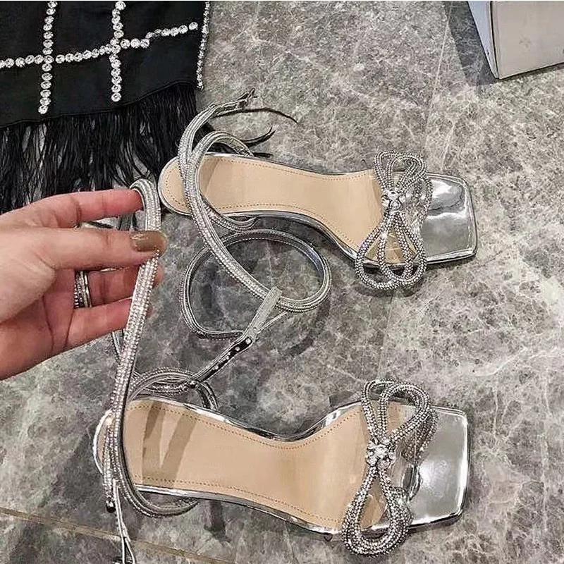 Fashion Women's Sandals Summer 2024 Rhinestone Bow High Heeled Ladies Shoes Ankle Cross Straps Sandales Femmes Square Open Toe Sandalias
