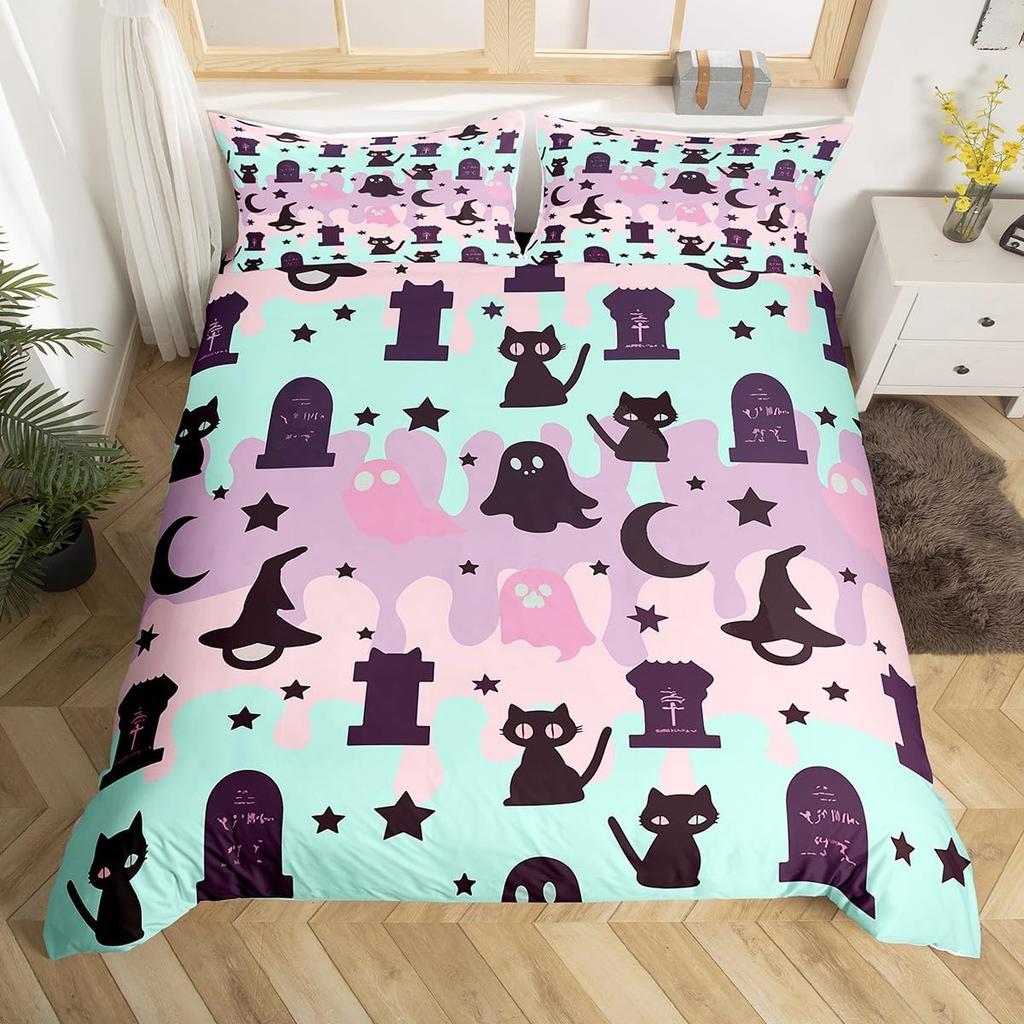Hapy Halowen Beding Set Ful King-Sized Dimensionsd Dimensions Witch Soft Duvet Cover for Young Boys Tens Spiderweb Warm Comforter Cover Set Magic