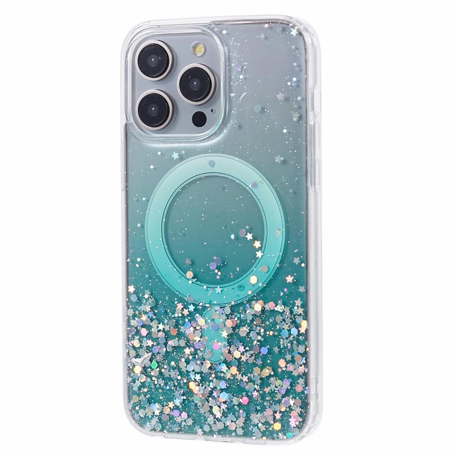 

JTW Series For iPhone 15 Pro Shockproof Case Sparkle Epoxy TPU+Acrylic Phone Shell Compatible with MagSafe Green