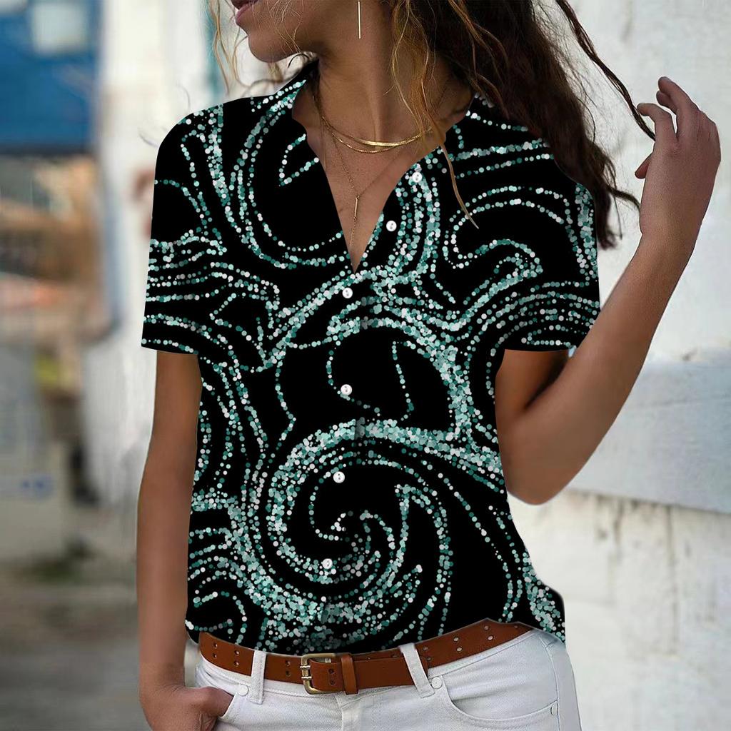 2025 Summer New Fashion Women's Line Printed Short Sleeve V-neck Casual Button-down Shirt Top