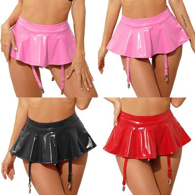 Womens Patent Leather Miniskirt Wet Look Ruffle Skirt Built-in Thongs Garter Belts Metal Clips Party Clubwear