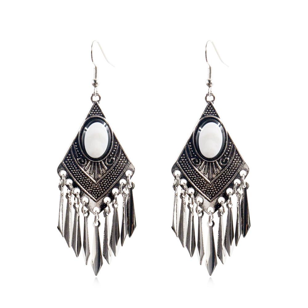 GemChic Women's New Vintage Rhomboid Natural Stone Long Tassel Fringe Earrings Ethnic Fashion Hook Earrings Birthday Christmas Jewelry Gift