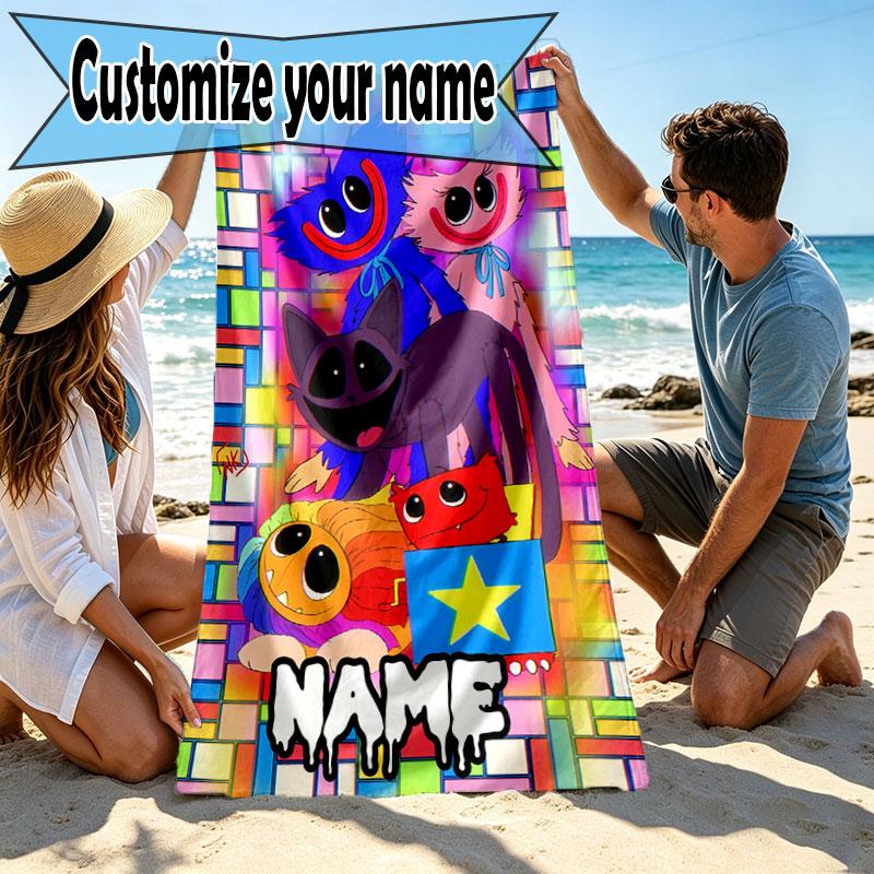 Custom Name Personalized Poppy Playtime Print Beach Towel, for Trip Camping Beach Party Home Decor, Birthday Gift for Family & Friends