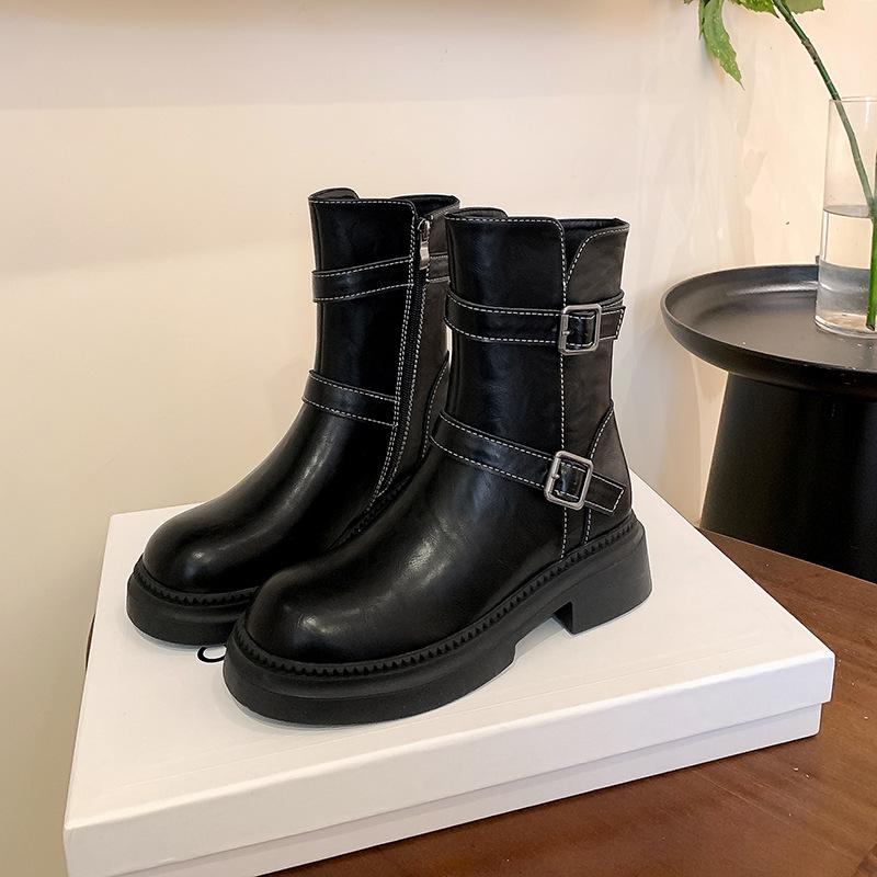 Neuer Fleck Maillardbraun Britischer Stil Kurze Stiefel Damen 2025 neu Herbst und Winter Dicksohlig Vielseitig und Dünn Gürtelschnalle
