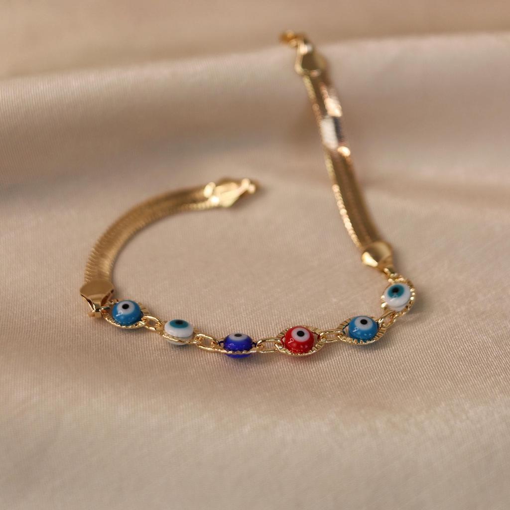Amulet for Protection and Good Luck Multicolor Rainbow Evil Eye Bracelet for Women Teens Yellow Gold Plated Herringbone Snake Chain