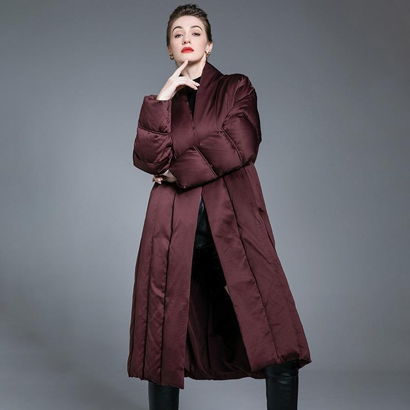 Winter new high-end Angola red down jacket for women, long slim and thin, over-knee warm jacket for women