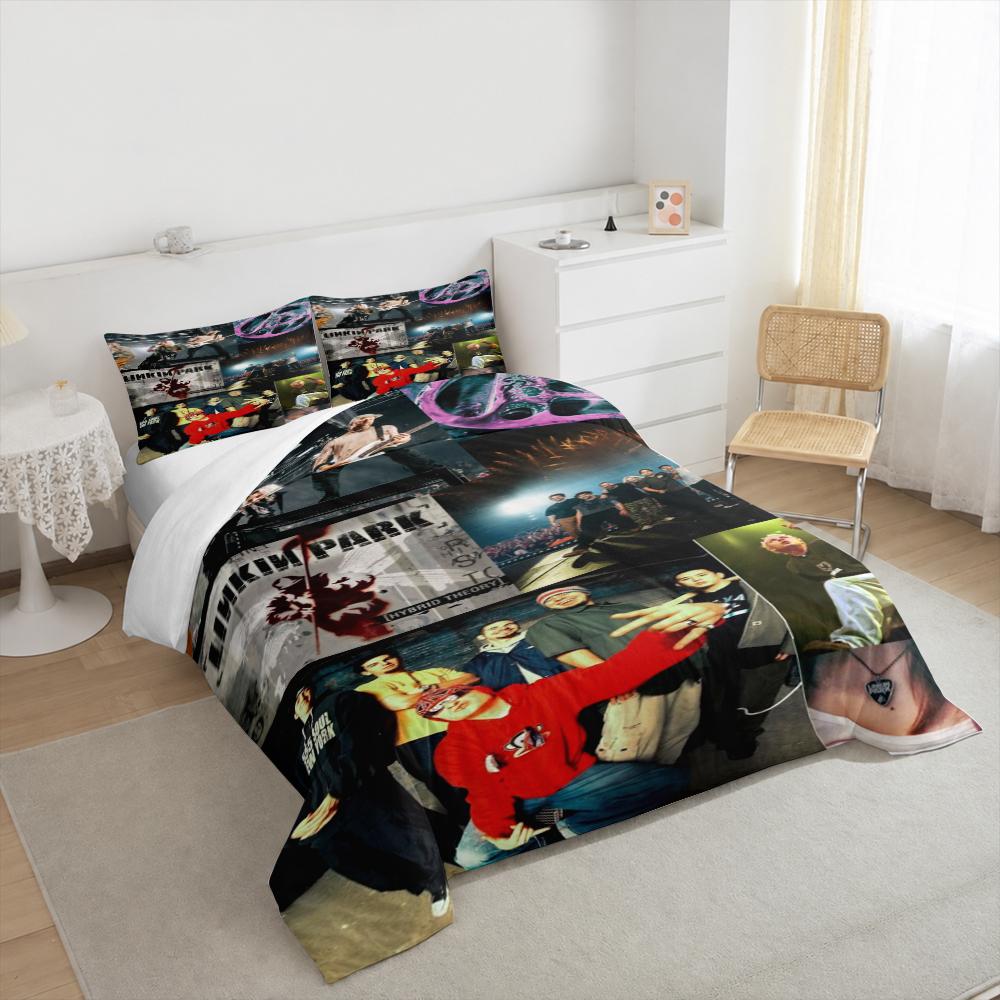 3 Piece Bedding Set with Duvet Cover and 2 Pillowcases - Linkin Park Live Tour Band Photo Collage Print - Color Music Decor for Fans