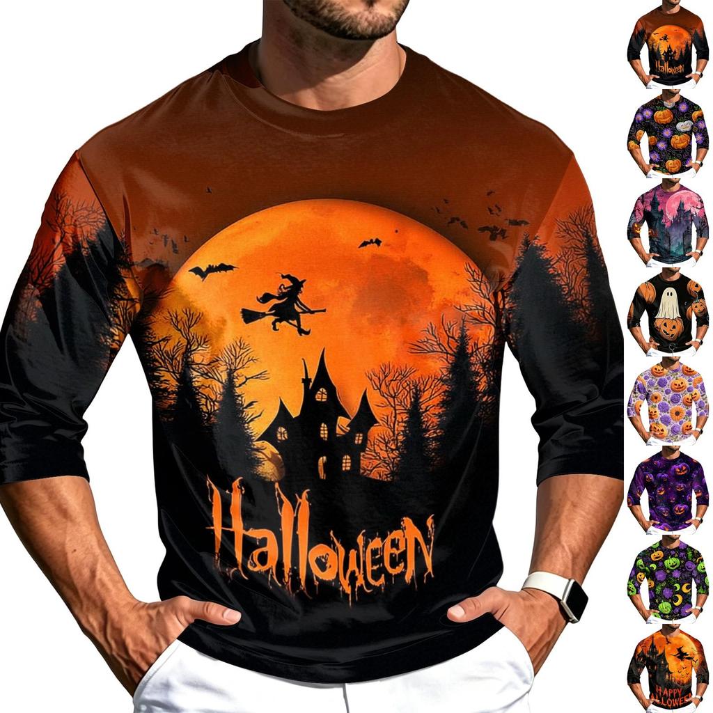 Men's Casual Halloween Print Crew Neck T Shirt Three Quarter Sleeve Top Lightweight Comfortable Fit for Daily Wear