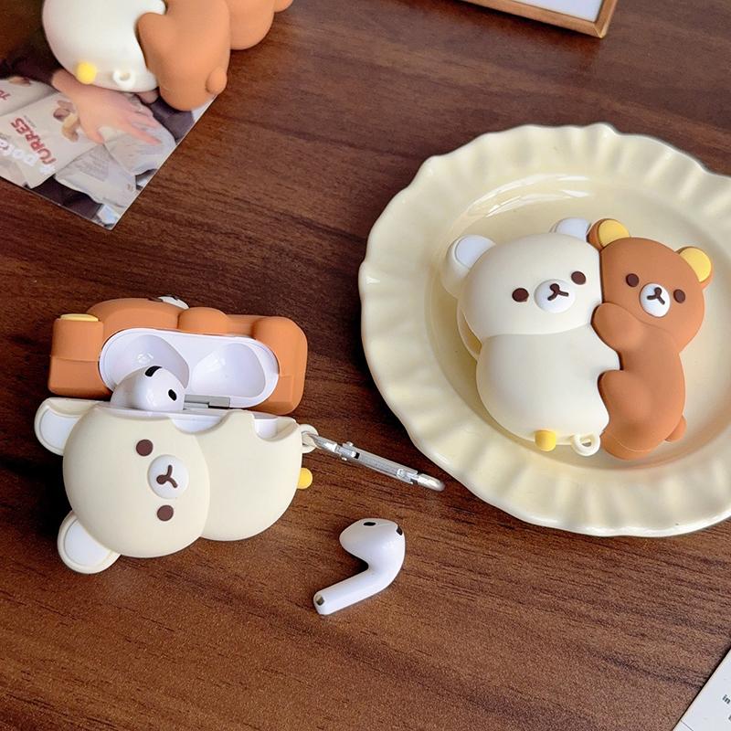 Cute Hug Brown White Bear Silicone Bluetooth Earphone Case Cartoon Protective Case For Airpods Universal 1 2 3 4 Pro/Pro2
