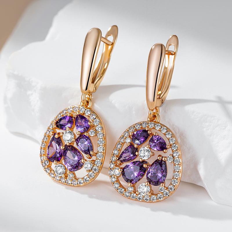 Shiny Purple Natural Zircon Drop Earrings For Women Trend  Rose Gold Color Bride Wedding Fine Jewelry Crystal Gift