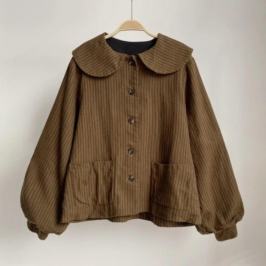 

Куртки Johnature, весенние винтажные повседневные свободные женские пальто с отложным воротником и универсальными карманами в полоску One Size кофейный