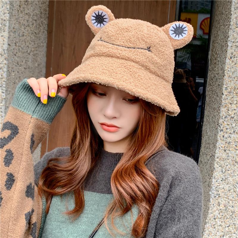 Neuer Winter Kinder-Eltern Frosch Stickerei Fischerhut Kordel Verstellbar Panama Outdoor Fischerhut Lächeln Winter Warm Bob Hut