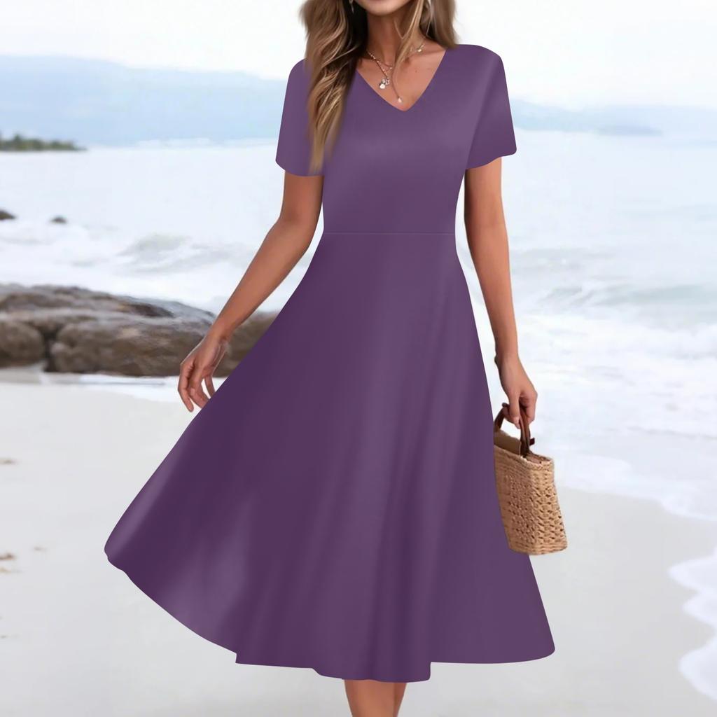 Dámské letní ležérní módní potištěné kapsy s krátkým rukávem V-výstřih volné šaty